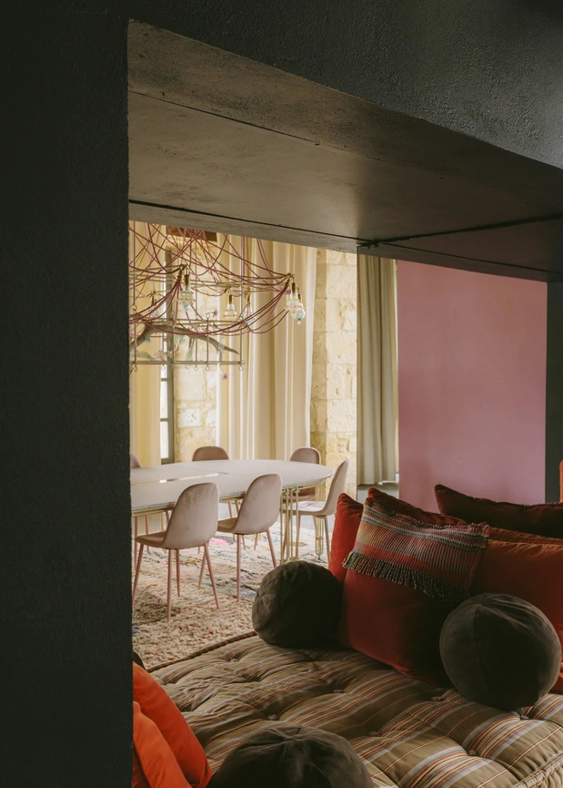 The pink salon at Chateau Engalin